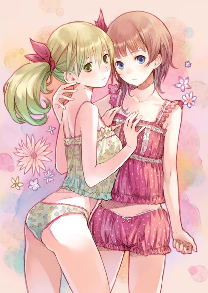 Anime picture 2507x3541 with atelier (series) gust (company) atelier rorona and totori (artbook) rorolina frixell lionela heinze kishida mel tall image looking at viewer highres short hair blue eyes light erotic brown hair twintails multiple girls green eyes green hair no bra sleeveless hug