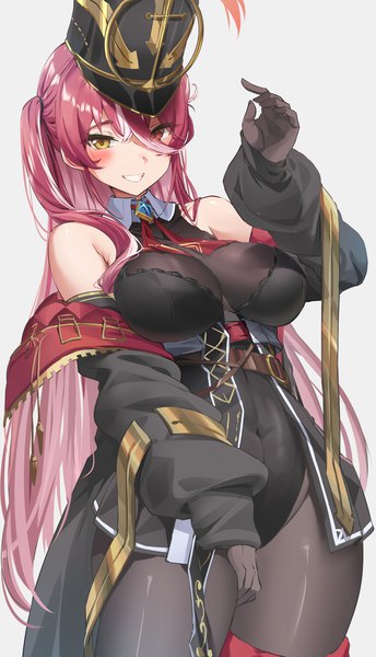 Anime picture 1086x1895 with virtual youtuber hololive houshou marine houshou marine (marching band) reulem single long hair tall image blush fringe breasts light erotic simple background smile hair between eyes large breasts red hair off shoulder grey background heterochromia