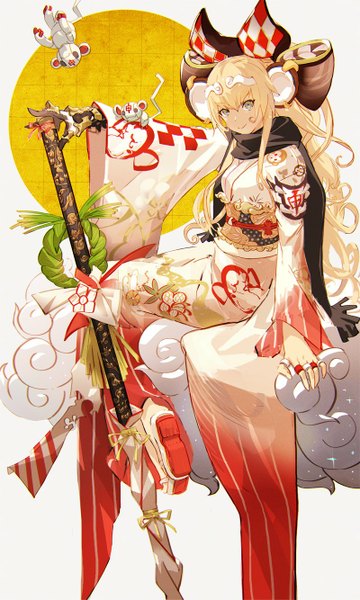 Anime picture 800x1333 with original so-bin single long hair tall image looking at viewer blush breasts blonde hair smile sitting cloud (clouds) traditional clothes head tilt japanese clothes aqua eyes wide sleeves floral print hieroglyph girl