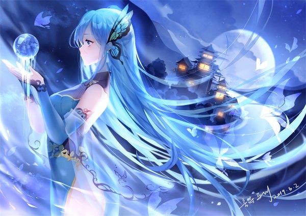 Anime picture 1262x892 with vocaloid synthesizer v cangqiong yu jiu single long hair fringe breasts blue eyes hair between eyes standing signed blue hair looking away outdoors traditional clothes profile wind night night sky