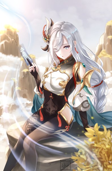 Anime picture 1985x3012 with genshin impact shenhe (genshin impact) whyte srsn single long hair tall image looking at viewer fringe highres sitting silver hair outdoors braid (braids) hair over one eye arm support single braid silver eyes rock girl hair ornament