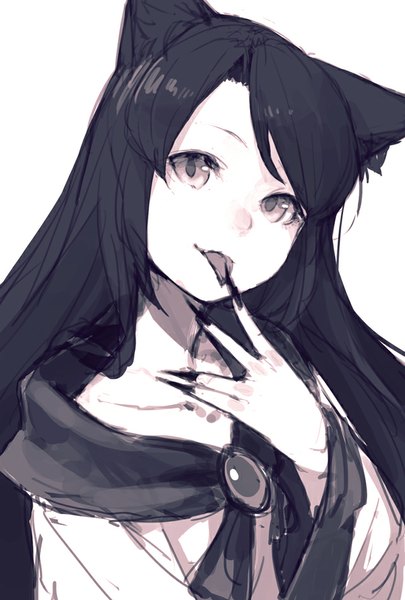 Anime picture 642x950 with touhou imaizumi kagerou junwool single long hair tall image looking at viewer simple background white background animal ears fingernails finger to mouth long fingernails wolf ears wolf girl girl tongue brooch