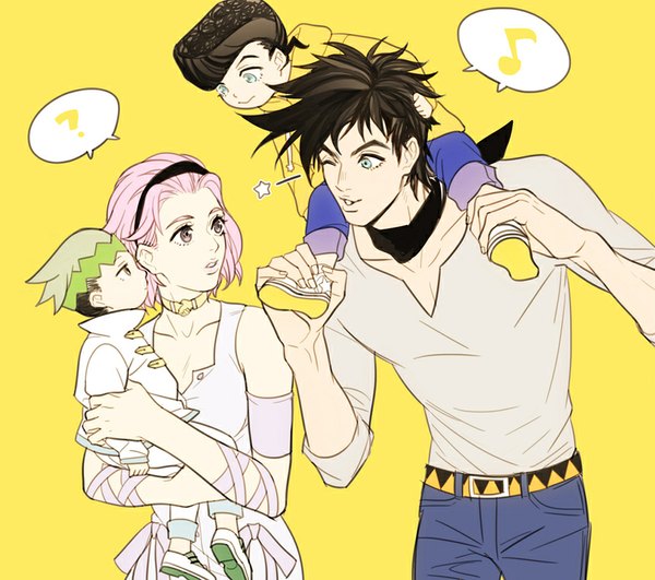 Anime picture 850x753 with jojo no kimyou na bouken higashikata jousuke kishibe rohan joseph joestar (young) sugimoto reimi ginmu short hair blue eyes black hair simple background pink hair profile one eye closed wink black eyes multiple boys eyebrows yellow background ? pompadour