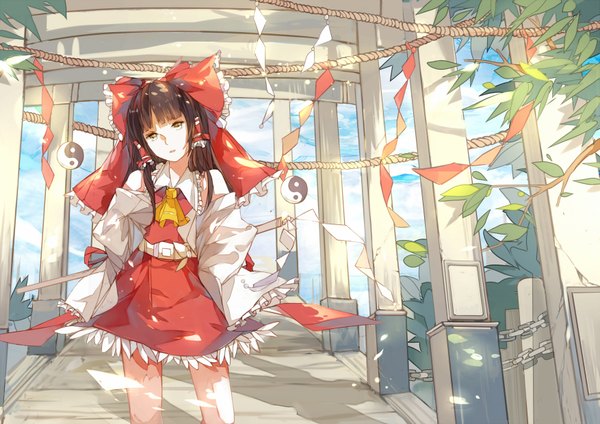 Anime picture 1753x1240 with touhou hakurei reimu xiaohan xiaohan6th (artist) single long hair fringe highres brown hair standing brown eyes traditional clothes glowing girl skirt hair ornament ribbon (ribbons) bow plant (plants) hair bow