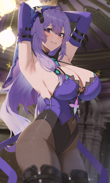 Anime picture 3290x5432 with honkai: star rail honkai (series) black swan (honkai: star rail) nvl single long hair tall image looking at viewer fringe highres breasts light erotic smile standing brown eyes absurdres cleavage purple hair parted lips arms up