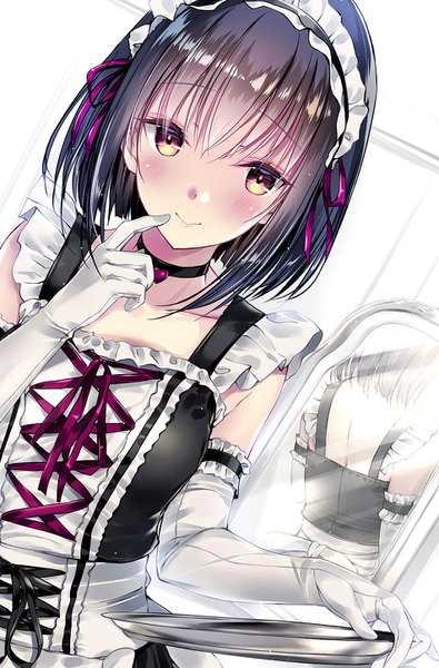 Anime picture 952x1446 with original kobayashi chisato single tall image looking at viewer blush fringe short hair black hair holding yellow eyes payot upper body indoors blunt bangs light smile maid dutch angle finger to mouth reflection