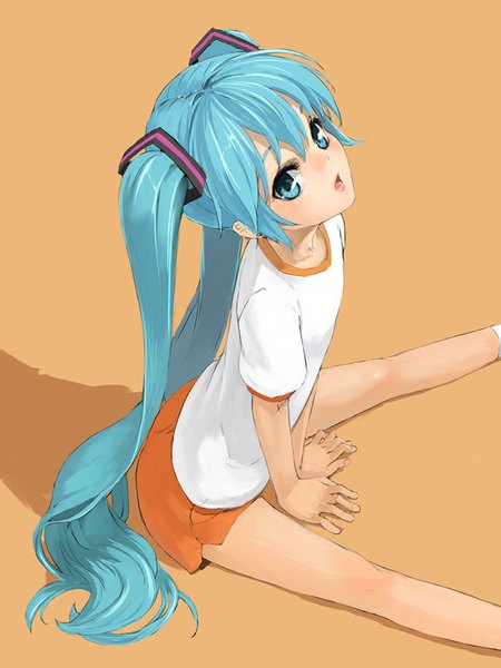 Anime picture 600x800 with vocaloid hatsune miku kuroko (piii) single long hair tall image looking at viewer fringe open mouth simple background sitting twintails aqua eyes from above aqua hair flat chest looking up between legs girl shorts