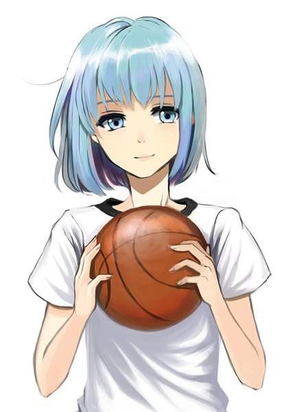 Anime picture 632x874 with kuroko no basket production i.g kuroko tetsuya chico907 single tall image looking at viewer fringe short hair simple background smile white background holding blue hair ahoge genderswap girl uniform gym uniform ball