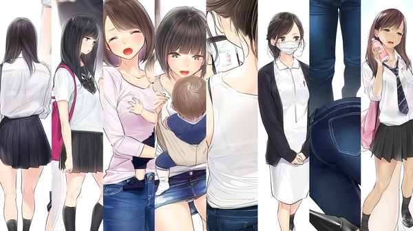 Anime picture 1466x819 with original ama mitsuki long hair blush fringe short hair open mouth light erotic black hair brown hair wide image standing multiple girls holding brown eyes full body ass blunt bangs eyes closed pleated skirt