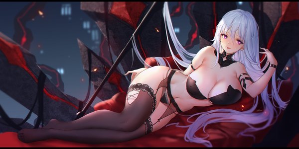 Anime picture 1701x850 with closers mirae (closers) swd3e2 single long hair fringe highres breasts light erotic smile hair between eyes wide image large breasts purple eyes signed payot looking away cleavage silver hair full body