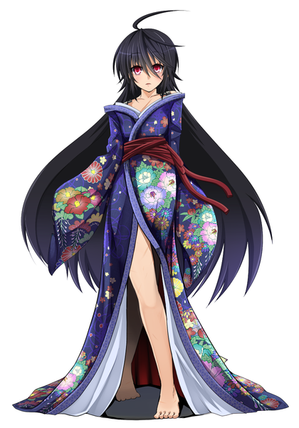 Anime picture 840x1200 with amino dopple (artist) single long hair tall image looking at viewer blush black hair simple background red eyes white background traditional clothes japanese clothes girl kimono