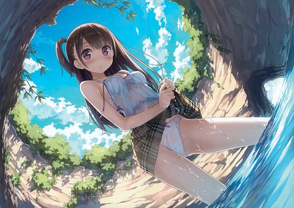 Anime picture 4938x3500 with original 5 nenme no houkago shizuku (kantoku) kantoku single long hair blush highres open mouth light erotic brown hair purple eyes absurdres sky cloud (clouds) scan embarrassed one side up skirt lift wet clothes