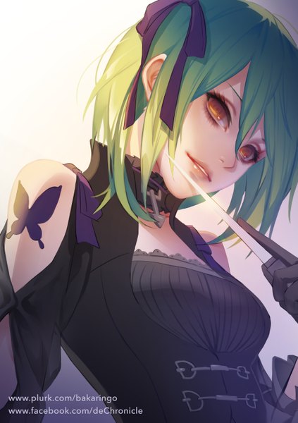 Anime picture 2039x2894 with unlight sheri shou shizuku (deme) single tall image fringe highres short hair breasts smile holding yellow eyes green hair light smile lips tattoo girl gloves ribbon (ribbons) weapon