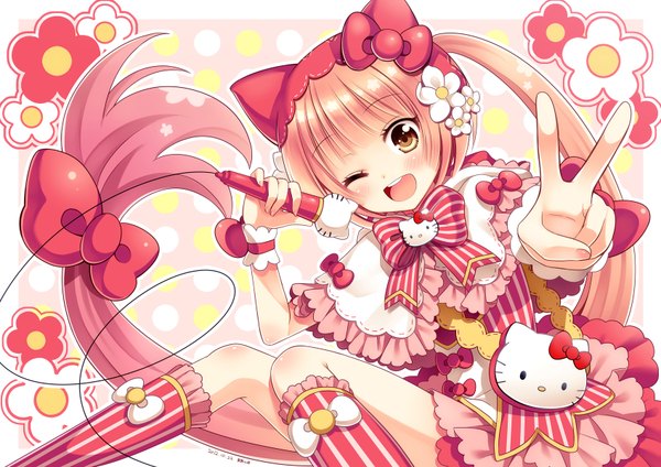 Anime picture 1697x1200 with hello kitty vocaloid sanrio nekomura iroha hagino kouta blush open mouth yellow eyes pink hair ponytail very long hair one eye closed wink victory girl dress flower (flowers) bow hair bow frills