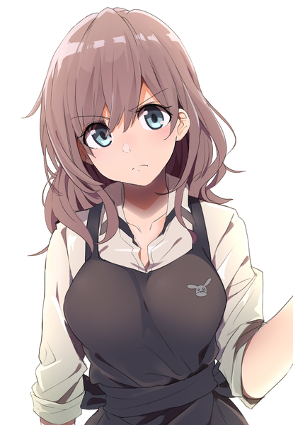 Anime picture 2416x3501 with original kazenoko single long hair tall image looking at viewer blush fringe highres breasts blue eyes simple background hair between eyes brown hair white background upper body long sleeves head tilt open collar animal print