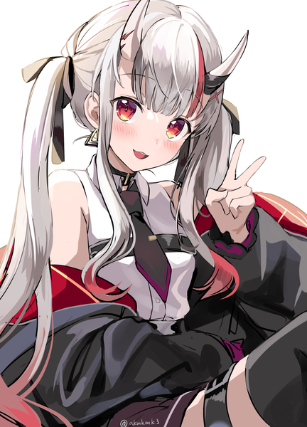 Anime picture 1000x1390 with virtual youtuber hololive nakiri ayame nakiri ayame (streetwear) nakiri ayame (5th costume) akamoku single long hair tall image blush fringe open mouth simple background red eyes white background sitting signed silver hair blunt bangs :d