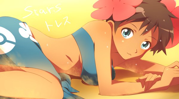 Anime picture 1706x948 with pokemon pokemon rse nintendo fuyou (pokemon) saku anna single looking at viewer highres short hair blue eyes light erotic brown hair wide image bare shoulders lying yellow background girl hair ornament