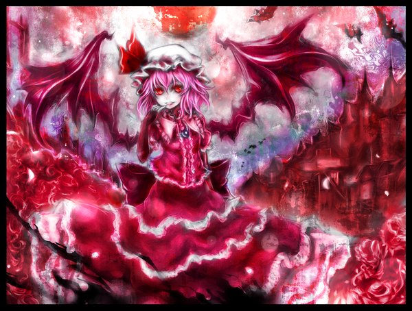 Anime picture 1650x1250 with touhou remilia scarlet acryl (artist) short hair red eyes pink hair one eye closed wink finger to mouth girl dress flower (flowers) petals bonnet