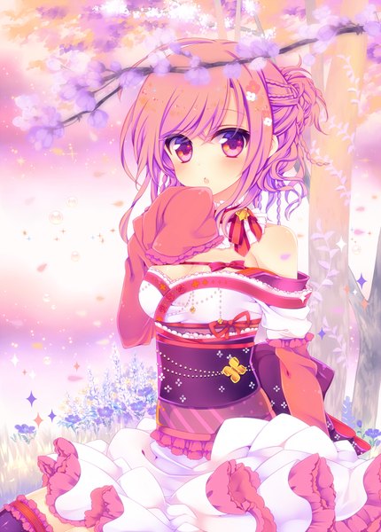 Anime picture 654x912 with original konno kengo single tall image looking at viewer blush short hair open mouth purple eyes pink hair traditional clothes japanese clothes girl petals kimono