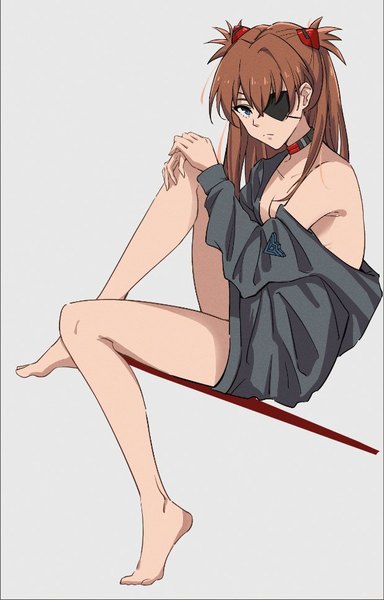Anime picture 619x966 with neon genesis evangelion rebuild of evangelion evangelion: 3.0+1.0 thrice upon a time gainax soryu asuka langley baihuenyexing single long hair tall image blue eyes light erotic simple background brown hair sitting full body barefoot grey background no bra bare legs hand on knee