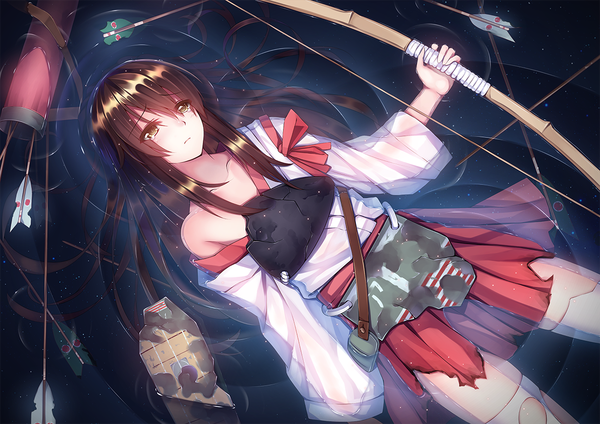 Anime picture 1222x864 with kantai collection akagi aircraft carrier amamaku single long hair looking at viewer brown hair bare shoulders holding brown eyes long sleeves from above torn clothes girl thighhighs weapon white thighhighs water bow (weapon) torn thighhighs