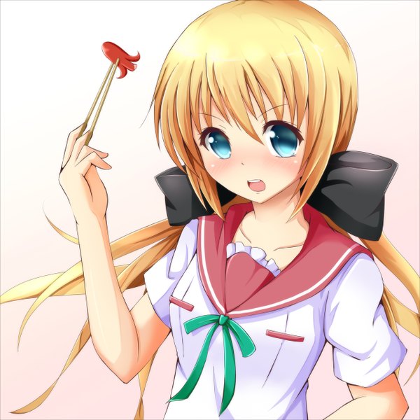 Anime picture 1282x1282 with original ok-ray single long hair blush blue eyes blonde hair white background girl uniform bow hair bow serafuku food tako-san wiener