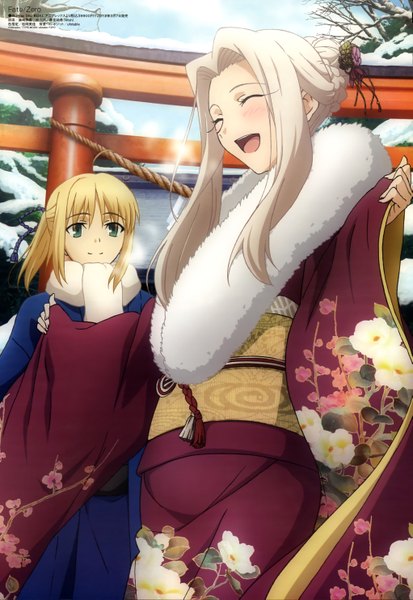 Anime picture 4081x5921 with fate (series) fate/stay night fate/zero studio deen type-moon megami magazine artoria pendragon (all) saber irisviel von einzbern fujisaki shizuka long hair tall image blush highres open mouth blonde hair smile multiple girls green eyes absurdres