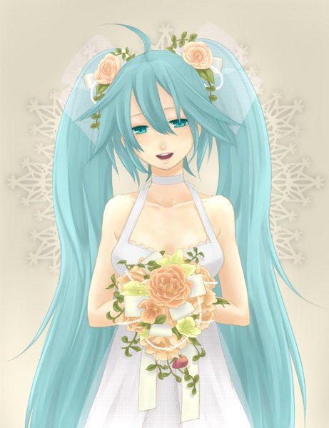 Anime picture 1000x1300 with vocaloid hatsune miku ladybird8n single tall image open mouth twintails very long hair aqua eyes aqua hair girl flower (flowers) sundress bouquet