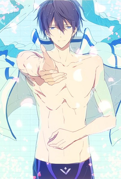 Anime picture 700x1035 with free! kyoto animation nanase haruka (free!) nic (kevin) single tall image looking at viewer short hair blue eyes blue hair lying light smile from above partially submerged outstretched hand boy uniform petals water gym uniform