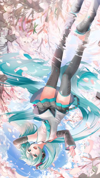 Anime picture 1080x1920 with vocaloid hatsune miku daidou (demitasse) single tall image open mouth twintails full body very long hair :d pleated skirt aqua eyes aqua hair cherry blossoms reflection arm behind head girl skirt detached sleeves miniskirt