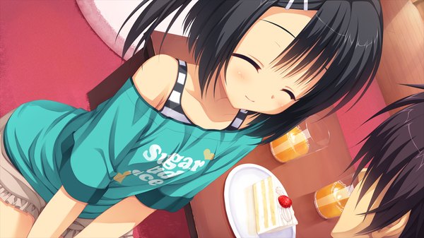 Anime picture 1280x720 with dracu-riot! yuzusoft mera azusa blush short hair black hair smile wide image game cg eyes closed girl sweets cake