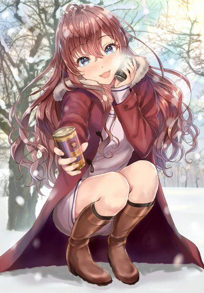 Anime picture 988x1416 with idolmaster idolmaster cinderella girls ichinose shiki sakamuke single long hair tall image looking at viewer blush fringe open mouth blue eyes smile hair between eyes brown hair full body ahoge bent knee (knees) very long hair head tilt