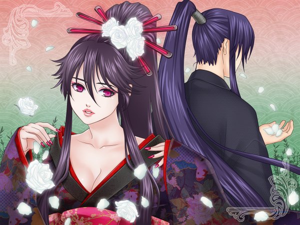 Anime picture 1280x960 with vocaloid kamui gakupo gakuko ohse long hair black hair purple eyes cleavage purple hair upper body ponytail nail polish traditional clothes parted lips japanese clothes hair flower lips from behind genderswap seigaiha