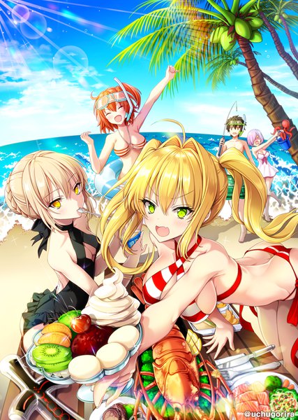 Anime picture 670x942 with fate (series) fate/grand order artoria pendragon (all) mash kyrielight nero claudius (fate) (all) fujimaru ritsuka (female) nero claudius (swimsuit caster) (fate) artoria pendragon (alter swimsuit rider) (fate) fujimaru ritsuka (male) uchuu gorira long hair tall image looking at viewer blush fringe short hair breasts open mouth light erotic blonde hair