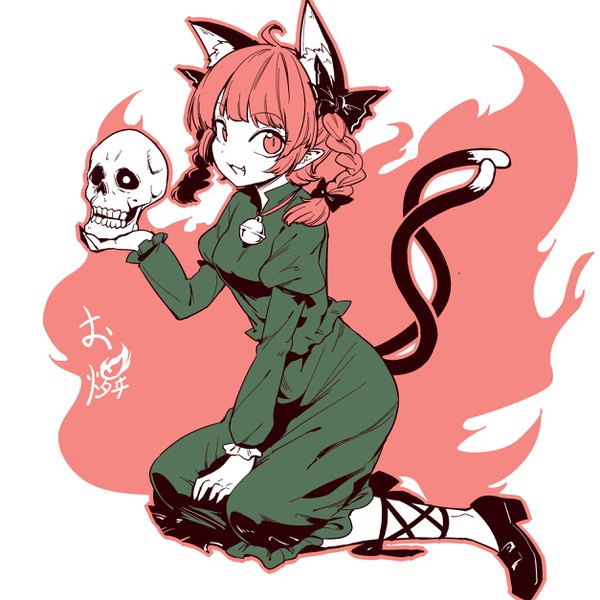 Anime picture 2507x2507 with touhou kaenbyou rin oninamako single looking at viewer fringe highres short hair open mouth simple background smile red eyes animal ears full body ahoge red hair tail blunt bangs braid (braids) long sleeves
