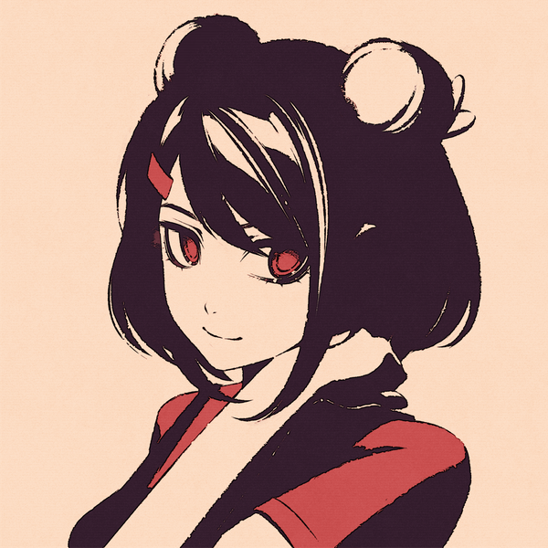 Anime picture 1080x1080 with original moshimoshibe single fringe short hair black hair simple background red eyes looking away upper body arm up light smile hair bun (hair buns) polychromatic girl hairclip