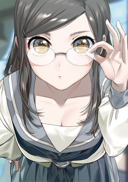 Anime picture 600x849 with original yanyo (ogino atsuki) single long hair tall image looking at viewer breasts black hair standing brown eyes cleavage leaning depth of field leaning forward hand on hip adjusting glasses girl uniform glasses serafuku