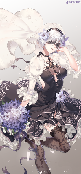 Anime picture 1500x3214 with nier nier:automata yorha no. 2 type b water0889 single tall image looking at viewer fringe short hair breasts open mouth light erotic simple background standing holding signed silver hair hair flower mole sparkle