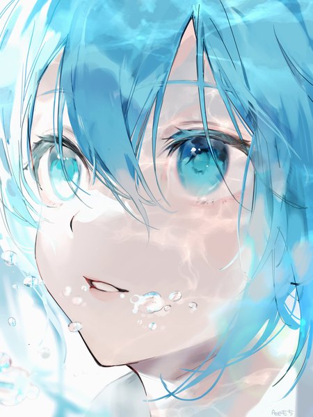 Anime picture 1536x2048 with vocaloid hatsune miku ame929 single long hair tall image fringe hair between eyes blue hair parted lips aqua eyes looking up close-up face underwater girl bubble (bubbles)