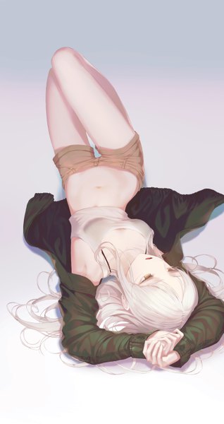 Anime picture 3151x5933 with original worl a single long hair tall image fringe highres breasts open mouth light erotic simple background yellow eyes payot looking away absurdres full body white hair lying arms up open jacket