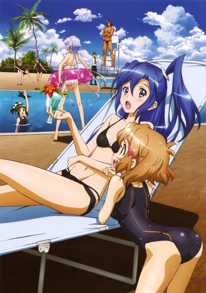 Anime picture 4927x7002 with senki zesshou symphogear satelight yukine chris tachibana hibiki kazanari tsubasa kohinata miku kazanari genjuurou ogawa shinji tall image blush highres open mouth light erotic black hair brown hair purple eyes multiple girls brown eyes blue hair absurdres