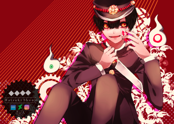 Anime picture 3500x2500 with jibaku shounen hanako-kun hanako (jibaku shounen hanako-kun) hatsuki shouji single looking at viewer fringe highres short hair open mouth black hair simple background hair between eyes sitting holding yellow eyes absurdres long sleeves facial mark watermark red background