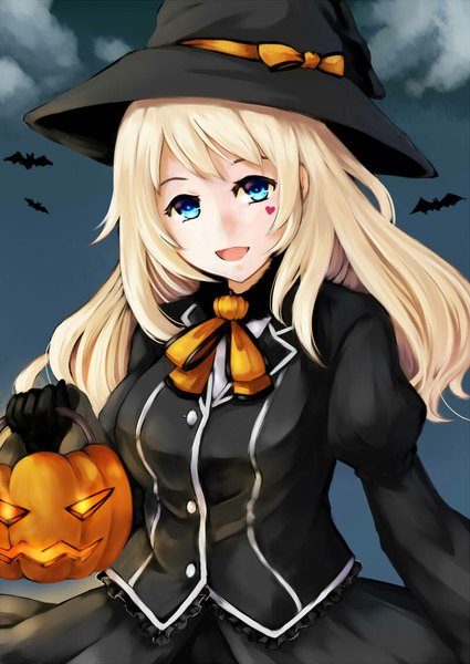 Anime-Bild 800x1129 mit kantai collection atago heavy cruiser you steelo single long hair tall image looking at viewer blush fringe open mouth blue eyes blonde hair sky cloud (clouds) outdoors halloween bat wings girl gloves bow