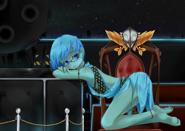 Anime picture 1800x1273 with original ilis (artist) single highres short hair blue eyes light erotic blue hair cleavage barefoot legs girl glasses armchair
