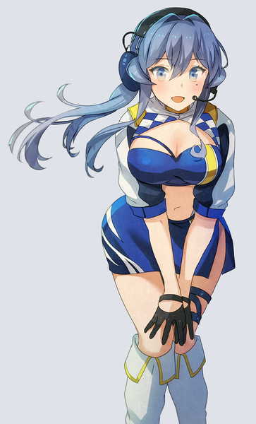 Anime picture 605x1000 with kantai collection gotland (kantai collection) kasumi (skchkko) single long hair tall image blush fringe breasts open mouth blue eyes light erotic simple background smile hair between eyes large breasts blue hair cleavage :d grey background