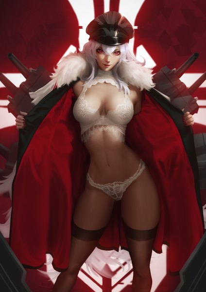 Anime picture 2828x4000 with azur lane graf zeppelin (azur lane) raikoart single tall image looking at viewer fringe highres breasts light erotic simple background smile hair between eyes red eyes large breasts standing payot cleavage white hair very long hair