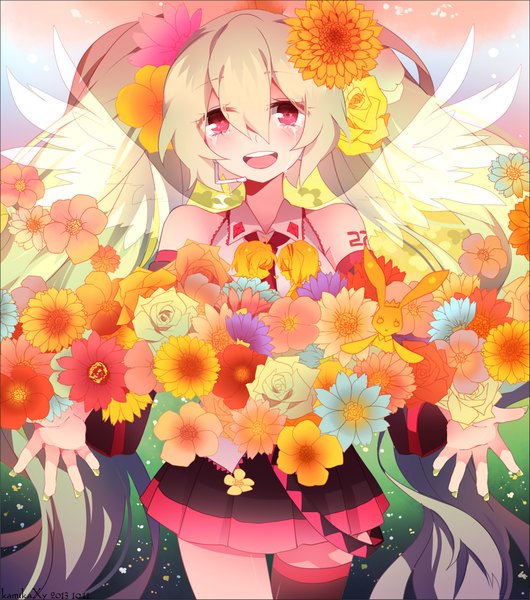 Anime picture 900x1019 with vocaloid ai kotoba ii (vocaloid) hatsune miku shouen kigashi single long hair tall image blush open mouth red eyes twintails bare shoulders very long hair pleated skirt multicolored hair hair flower tears girl skirt hair ornament