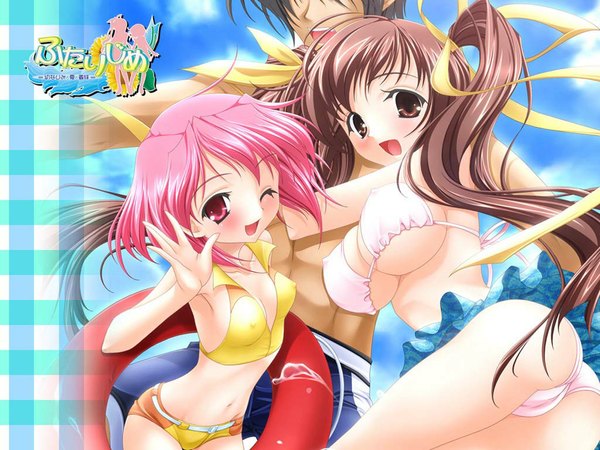 Anime picture 1024x768 with breasts light erotic red eyes brown hair large breasts twintails brown eyes pink hair ass one eye closed wink erect nipples underboob covered nipples swimsuit bikini swim ring