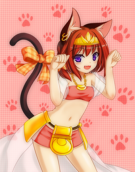 Anime picture 1100x1400 with original playjoe2005 tall image blush short hair open mouth purple eyes animal ears red hair cat ears midriff cat girl cat tail girl navel bow