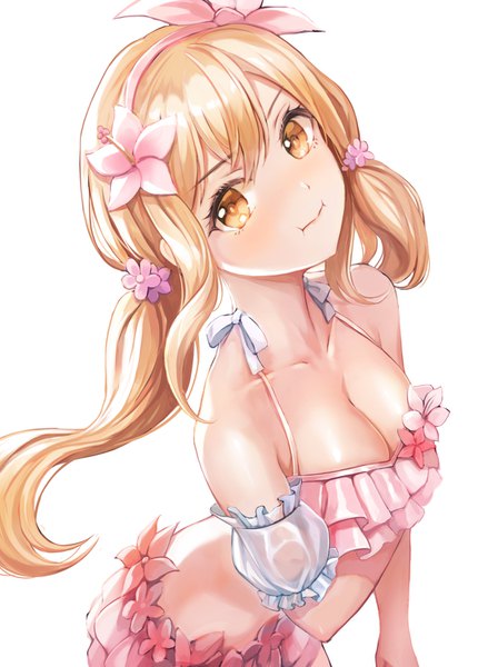 Anime picture 1076x1500 with bang dream! ichigaya arisa lunacle single long hair tall image looking at viewer blush fringe breasts light erotic simple background blonde hair white background twintails bare shoulders brown eyes cleavage head tilt pleated skirt